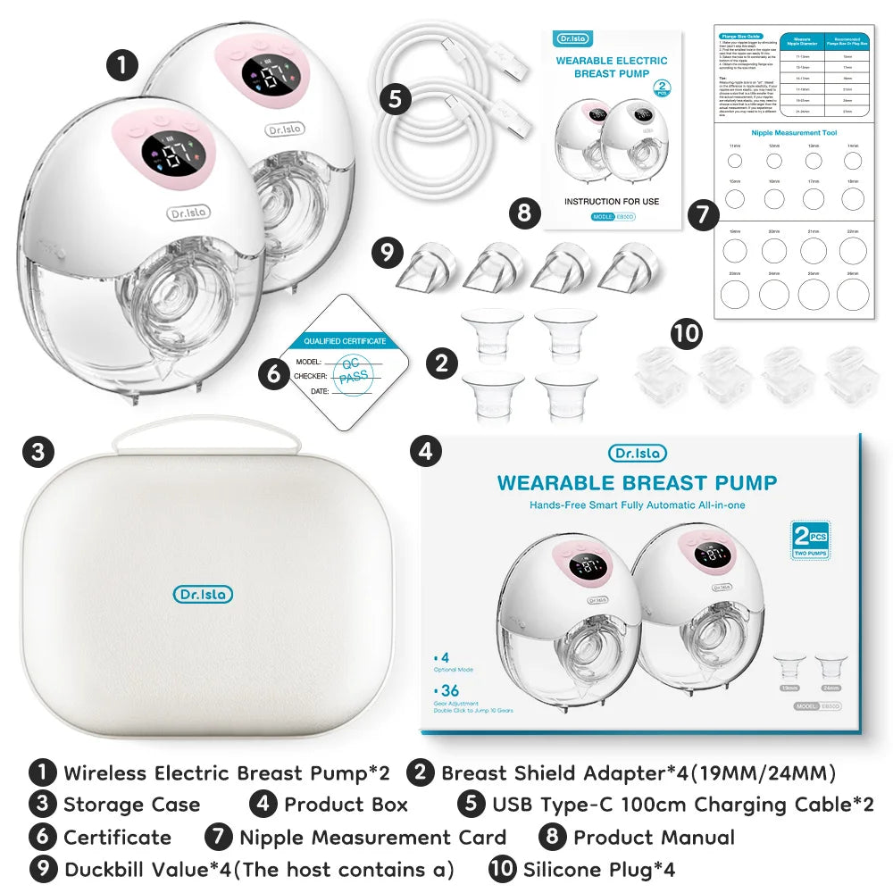 Dr.isla New 2PCS Wearable Electric Breast Pump 4 Modes 36 Suction Levels Silent Leak-Proof Hands Free Breast Pumps Breastfeeding